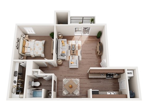 Floor plan for 1 bed, 1 bath, 651 sqft